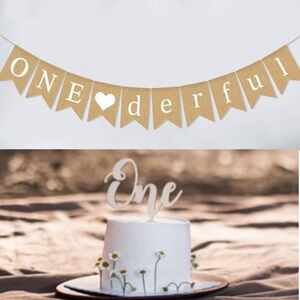 ONEderful Birthday Banner + “One” Cake Topper set